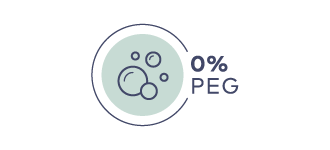 Symbol mit Blasen und Text "0 % PEG" in blauer Schrift auf weißem Hintergrund