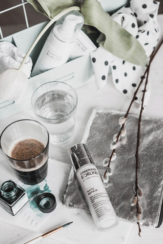 ANNEMARIE BÖRLIND Hautpflegeprodukte mit Serum, Creme, Pinsel, Glas Wasser und Zweig auf grauem Samtkissen