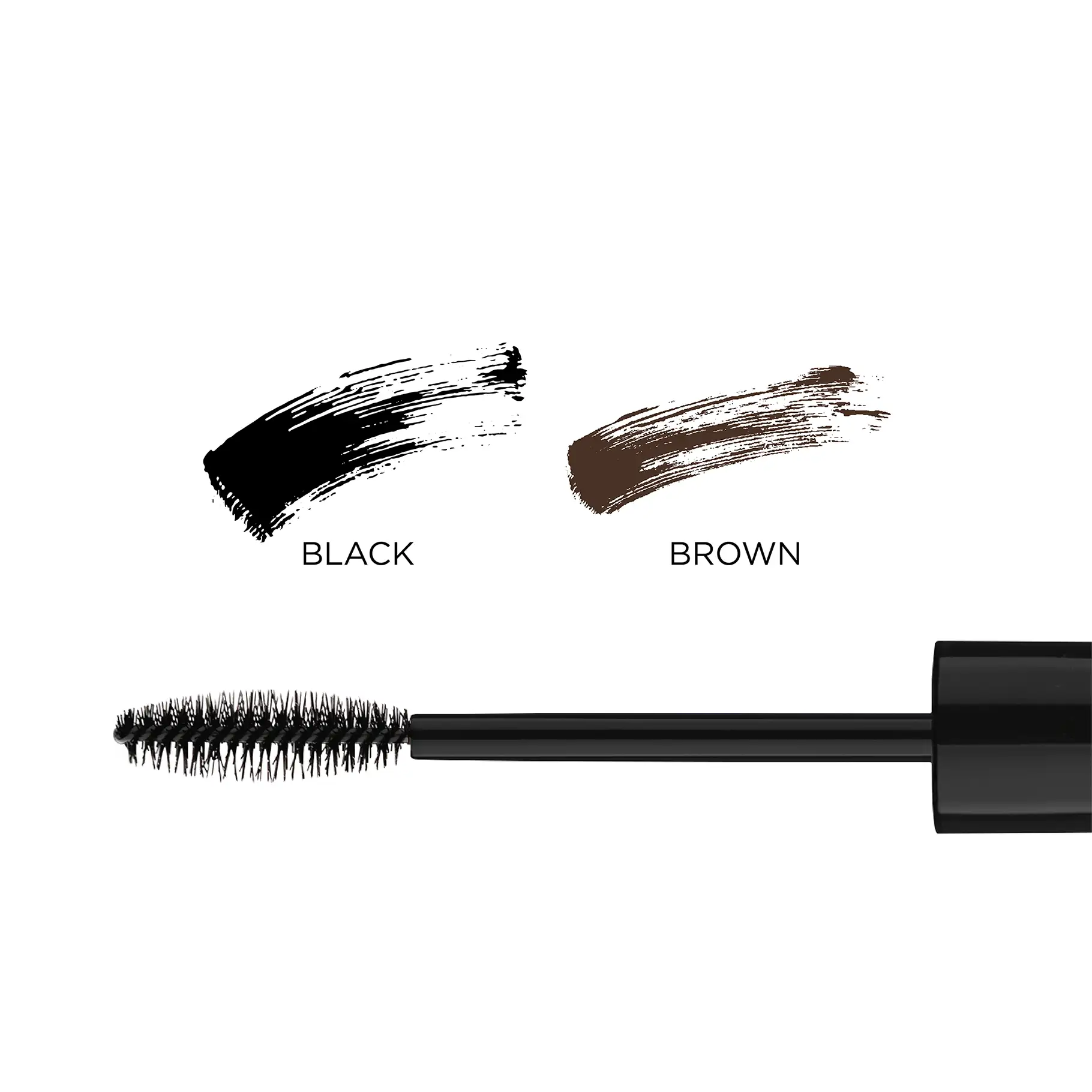 Mascara-Bürste mit Farbmustern in Schwarz und Braun auf weißem Hintergrund
