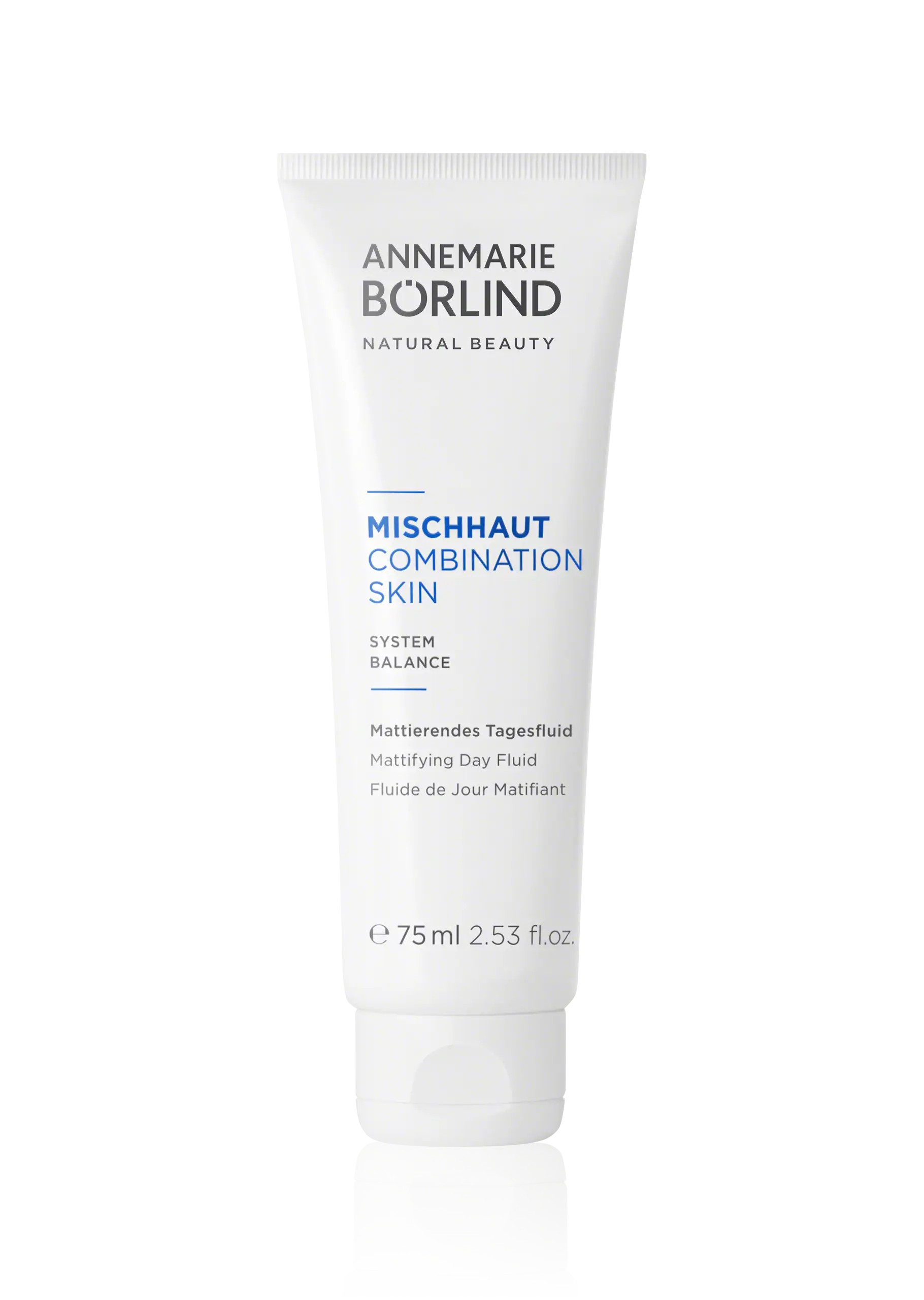 Mattierendes Tagesfluid ANNEMARIE BÖRLIND Mattierendes Tagesfluid für Mischhaut in 75-ml-Tube auf schwarzem Hintergrund