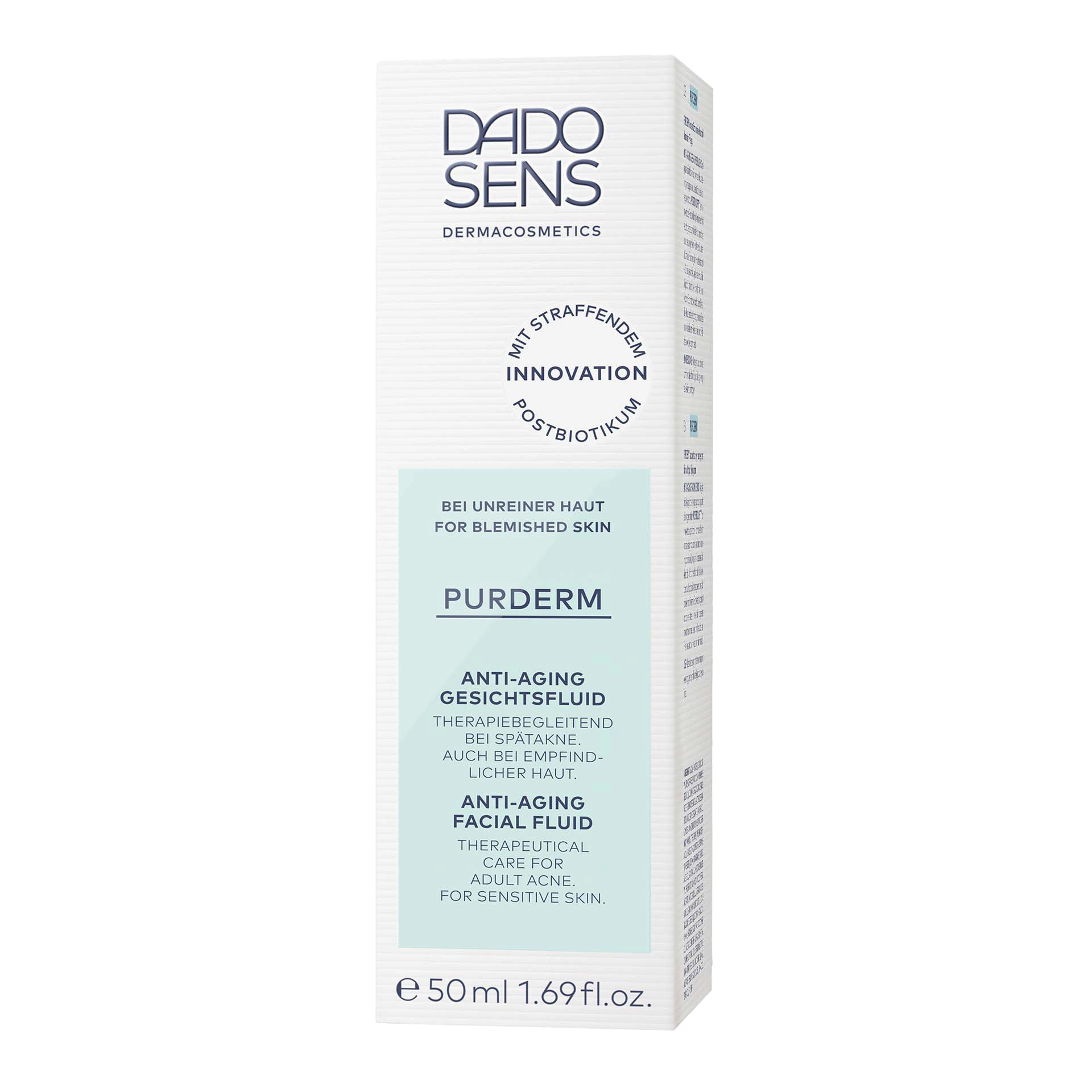 DADO SENS PURDERM Anti-Aging-Gesichtsfluid Faltschachtel – straffende Pflege mit Postbiotikum für reife, empfindliche Haut.