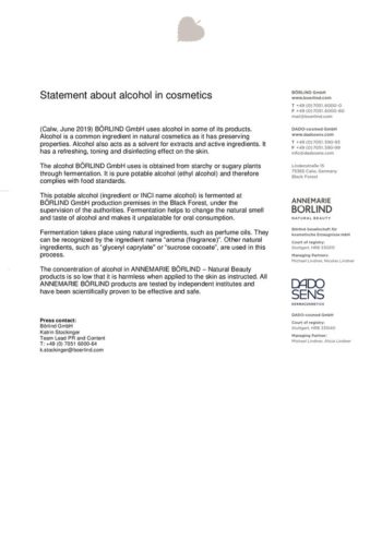 Statement zur Verwendung von Alkohol in Kosmetikprodukten von ANNEMARIE BÖRLIND und DADO SENS, Textseite