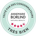 Testsiegel mit ANNEMARIE BÖRLIND Logo, fünf roten Sternen und Text "Très Bien" in grünem Kreis