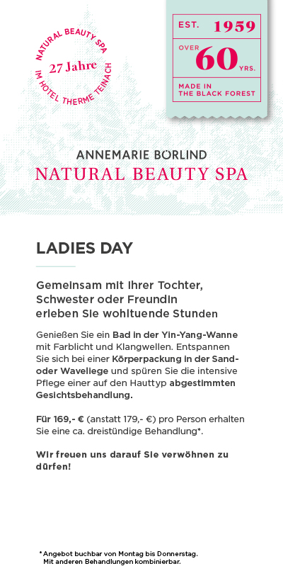 ANNEMARIE BÖRLIND NATURAL BEAUTY SPA Ladies Day mit Bad, Körperpackung und Gesichtsbehandlung für 169 Euro