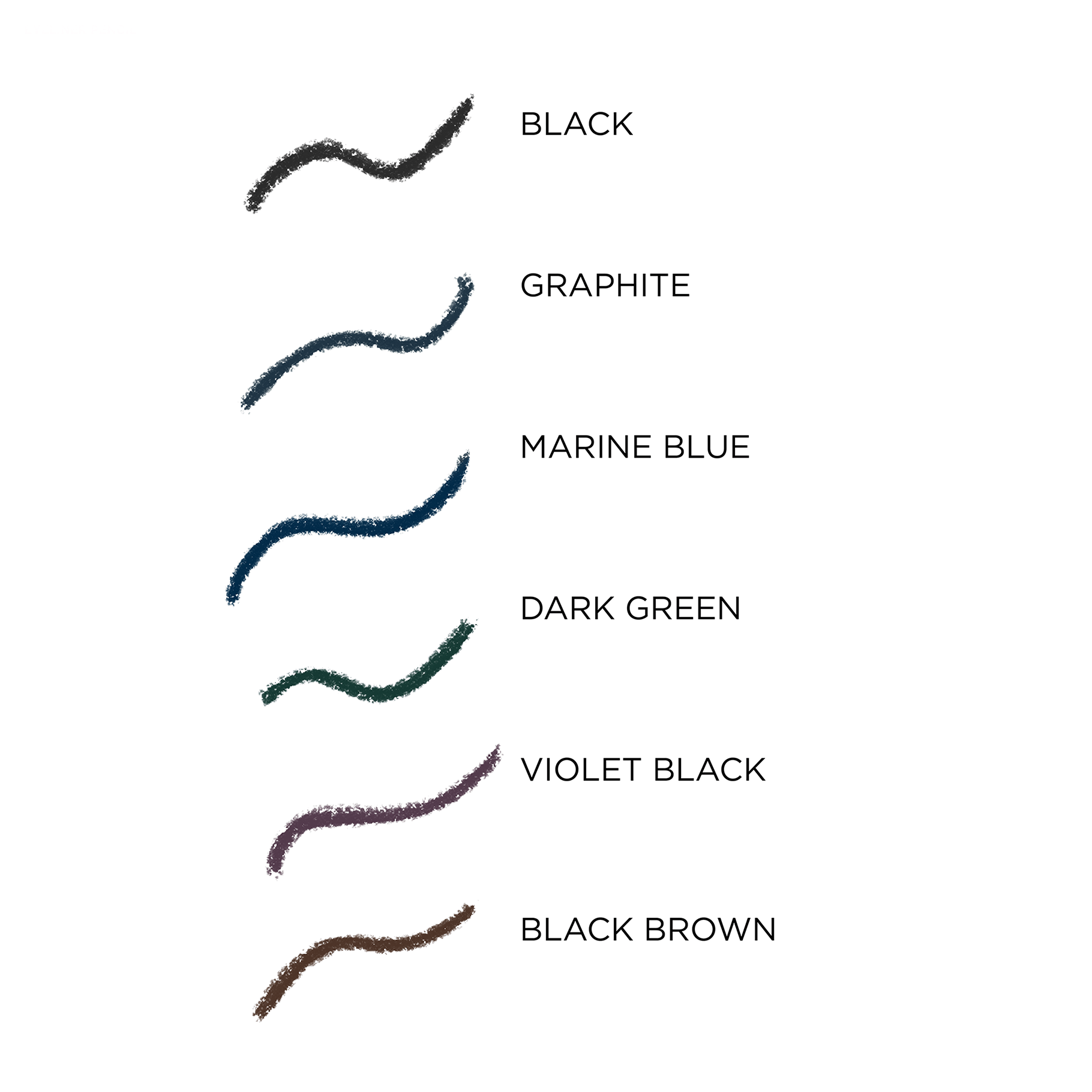 Sechs farbige Eyeliner-Striche in Schwarz, Graphit, Marineblau, Dunkelgrün, Violettschwarz und Schwarzbraun auf weißem Hin...