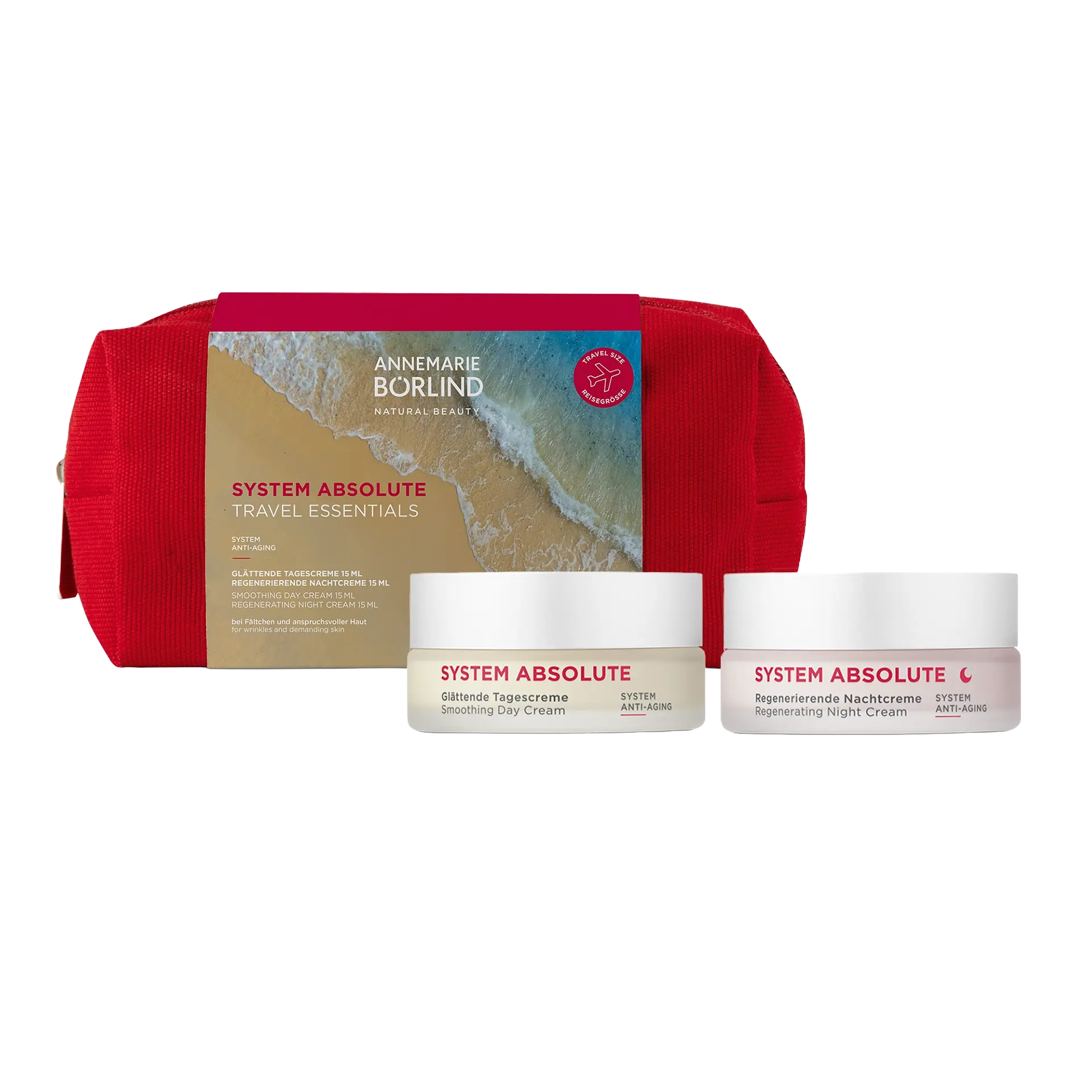 ANNEMARIE BÖRLIND SYSTEM ABSOLUTE Set mit Mini Tages- & Nachtcreme in eleganter roter Kosmetiktasche.