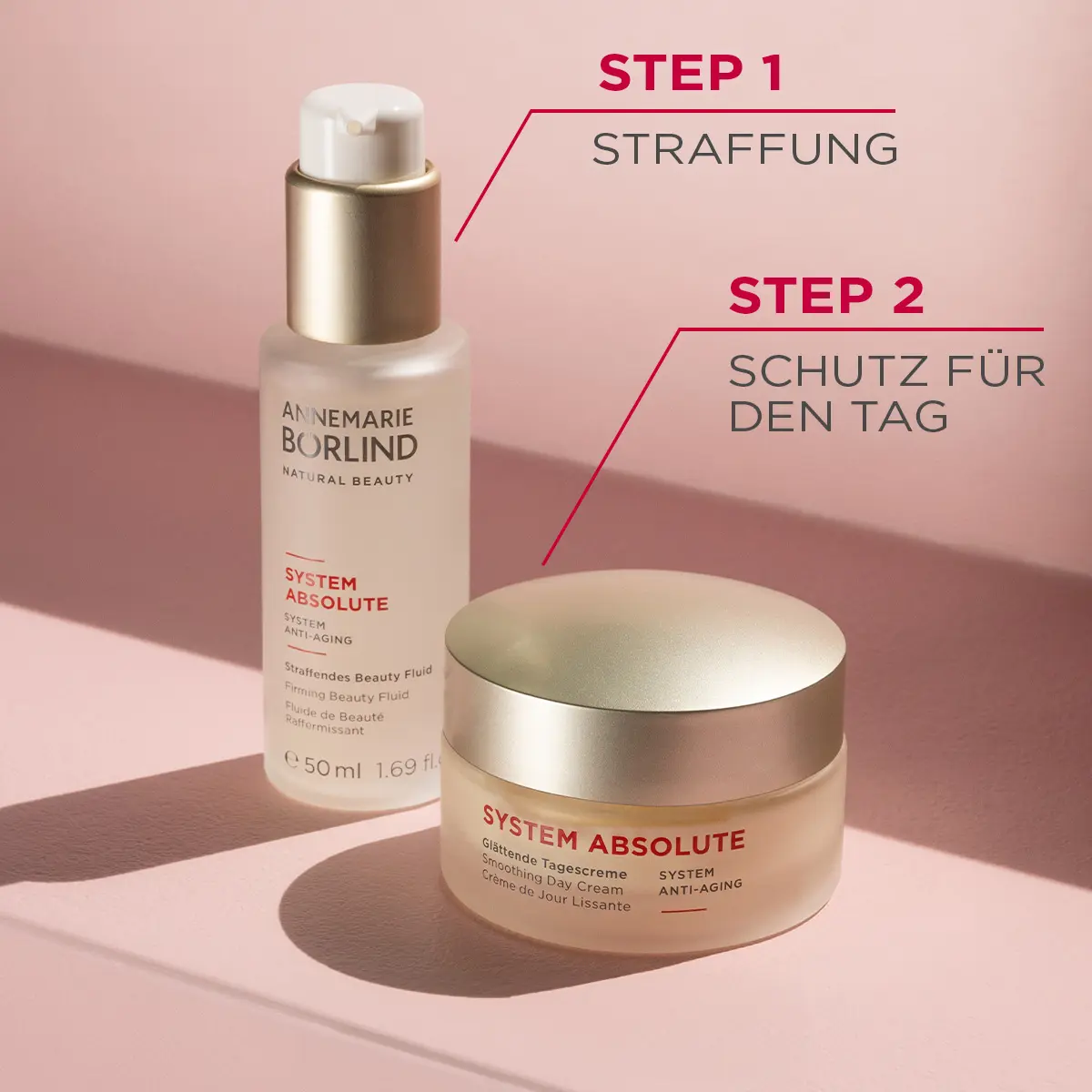 ANNEMARIE BÖRLIND SYSTEM ABSOLUTE Straffendes Beauty Fluid und glättende Tagescreme in goldfarbenen Verpackungen