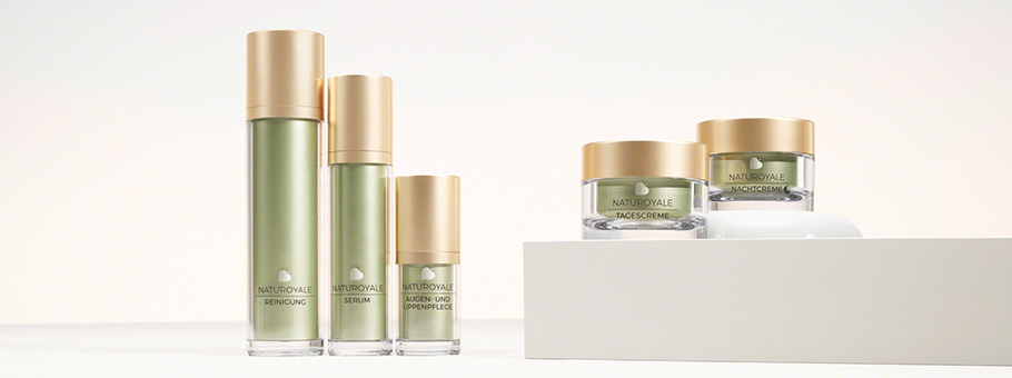 NATUROYALE Reinigungs-Serum, Augen- und Lippenpflege, Tages- und Nachtcreme mit goldenen Deckeln