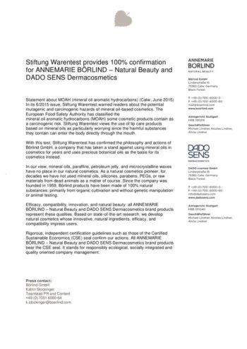 Stiftung Warentest bestätigt 100 % Schadstofffreiheit bei ANNEMARIE BÖRLIND und DADO SENS Naturkosmetik