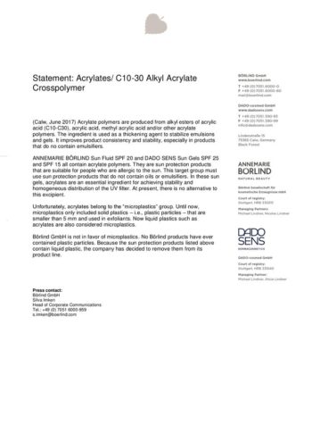 Textseite mit chemischer Erklärung zu Acrylaten und Firmeninformationen von ANNEMARIE BÖRLIND und DADO SENS