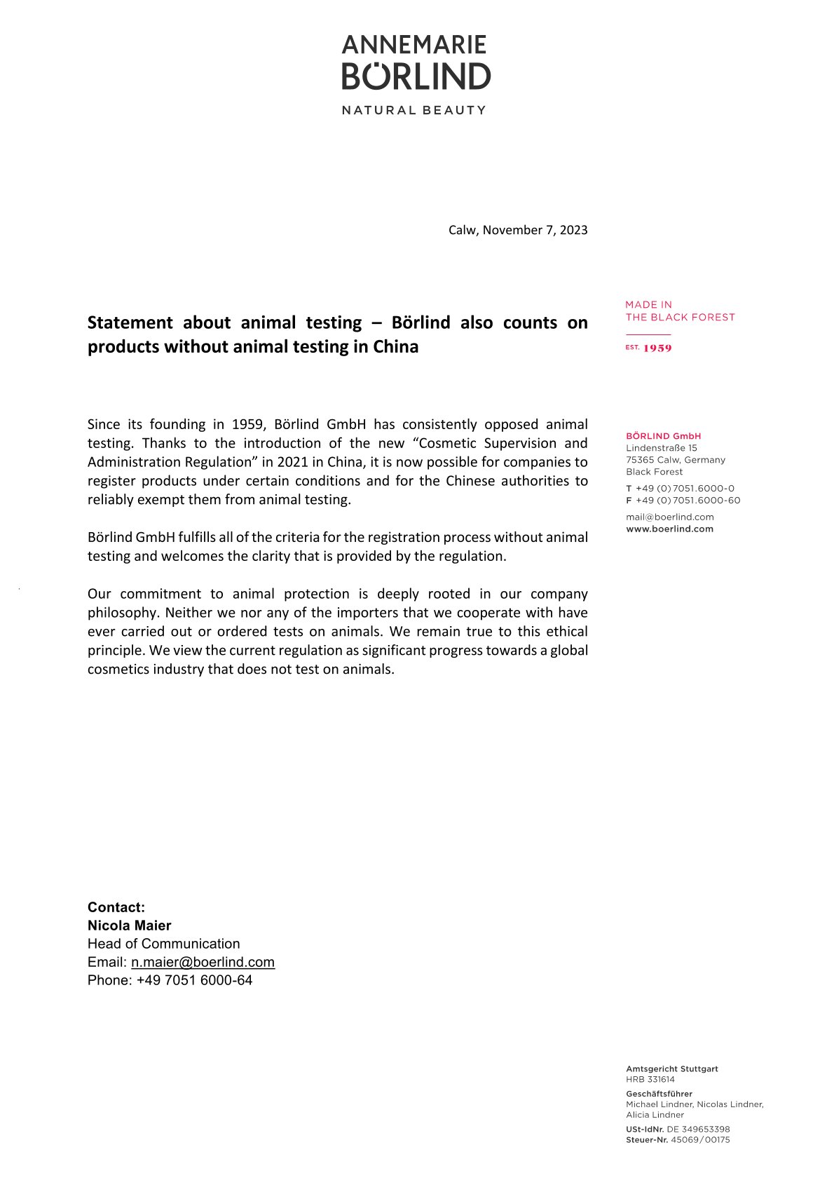 Statement von ANNEMARIE BÖRLIND zu Tierversuchen und Produkten ohne Tierversuche in China, November 2023