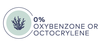 Symbol mit Koralle und Text "0 % OXYBENZONE OR OCTOCRYLENE" in dunkler Schrift auf weißem Hintergrund