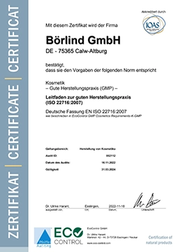 GMP-Zertifikat für Börlind GmbH nach ISO 22716:2007 – bestätigt die Einhaltung der Leitlinien zur guten Herstellungspraxis für Kosmetik. Gültig bis März 2024.