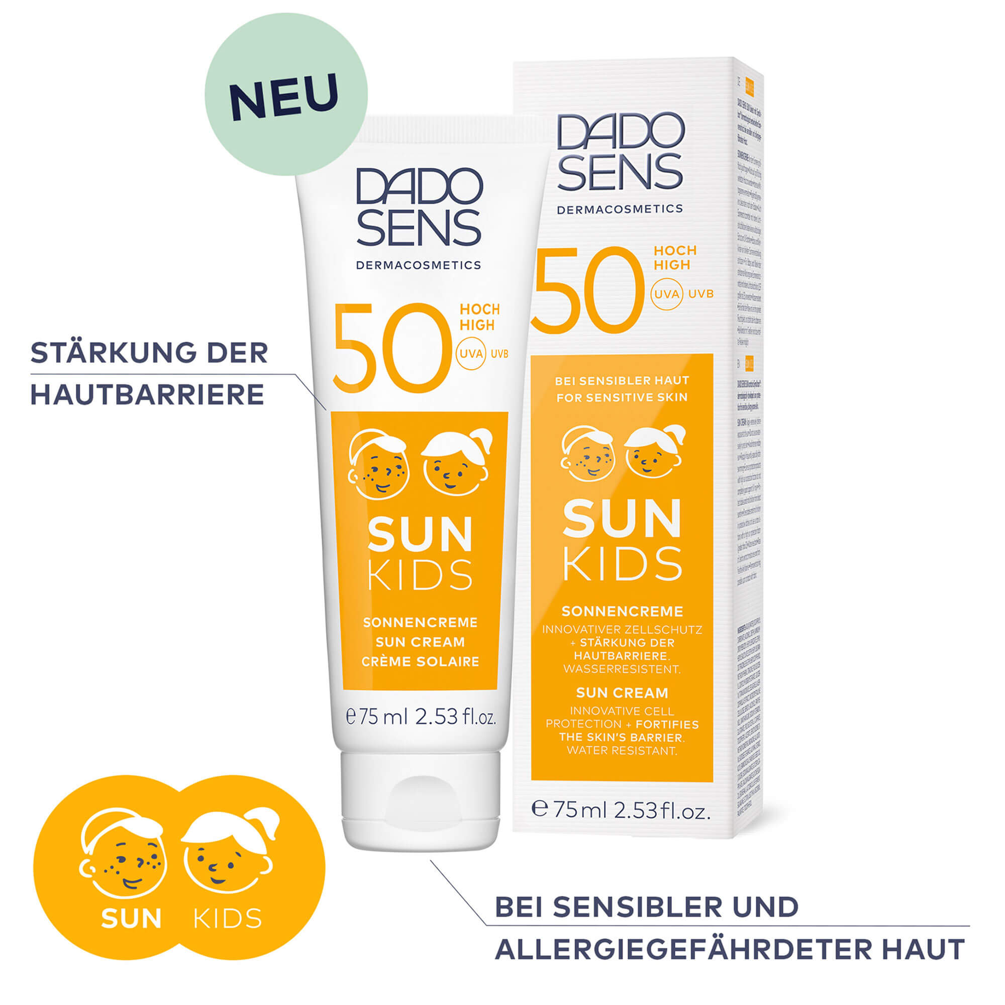 DADO SENS SUN KIDS Sonnencreme LSF 50 für sensible, allergiegefährdete Haut, stärkt Hautbarriere, 75 ml