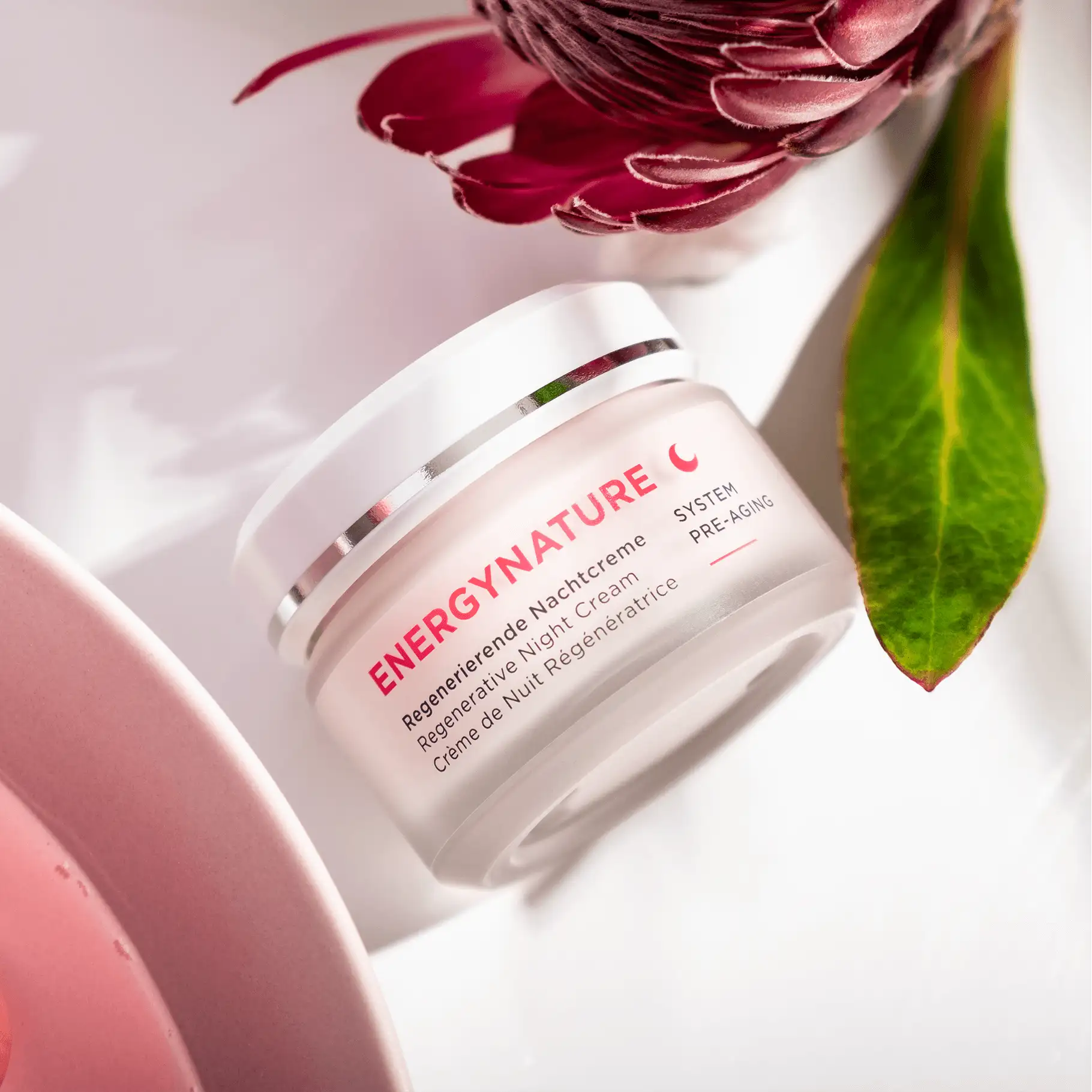 ENERGYNATURE Regenerierende Nachtcreme im Tiegel, daneben rote Blüte und grünes Blatt auf weißem Untergrund