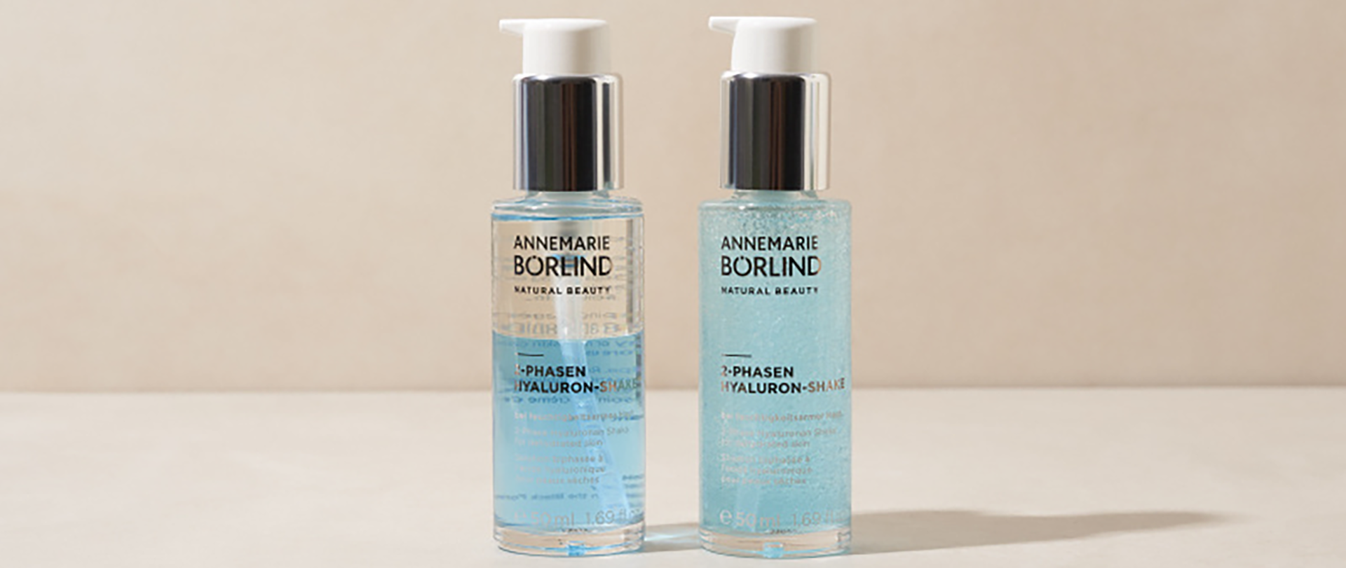 ANNEMARIE BÖRLIND 2-PHASEN HYALURON SHAKE mit klarem und blauem Serum in Pumpspendern, 50 ml