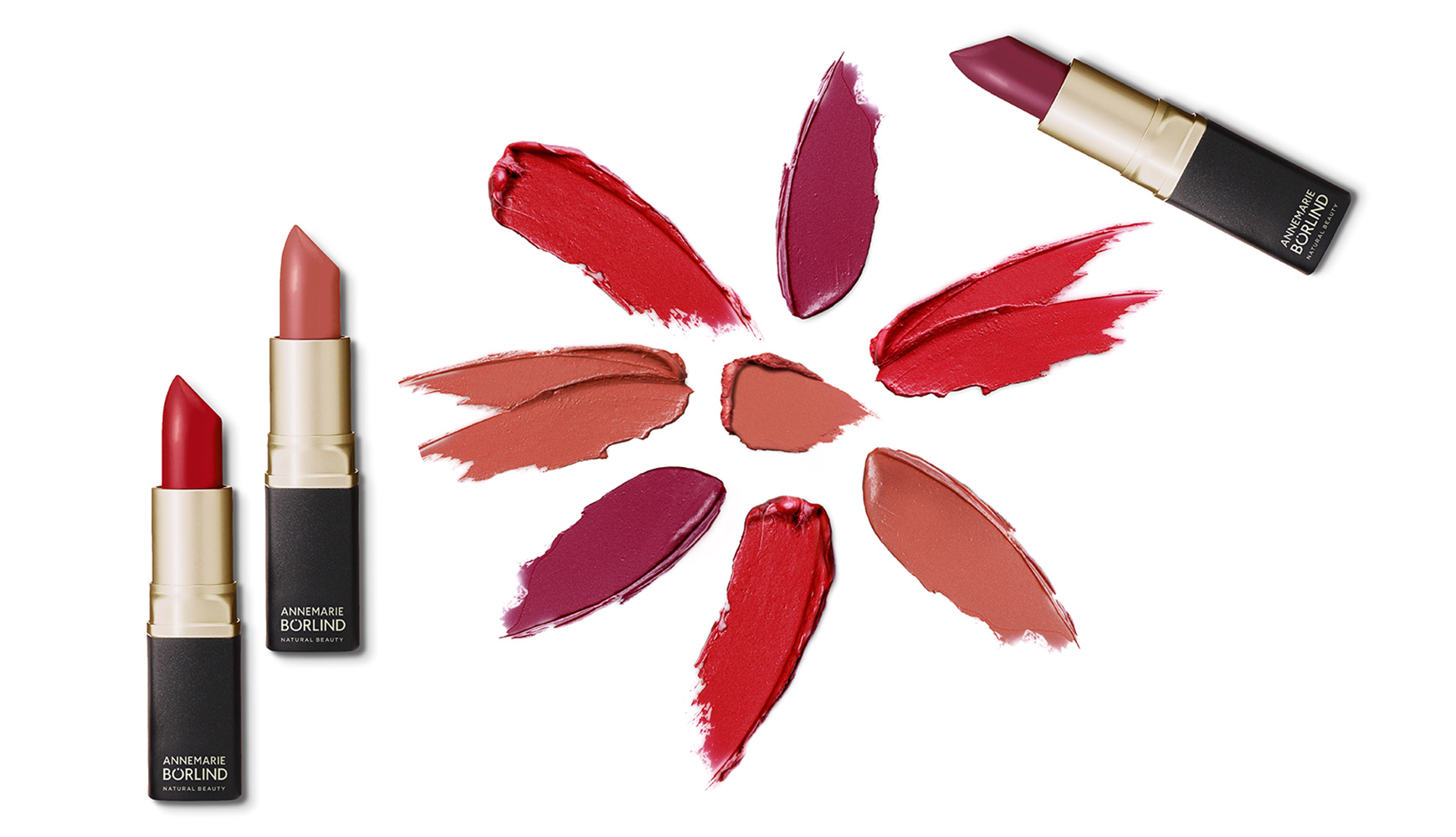 ANNEMARIE BÖRLIND Lippenstifte in Rot, Nude und Beerentönen mit passenden Lippenstift-Farbswatches