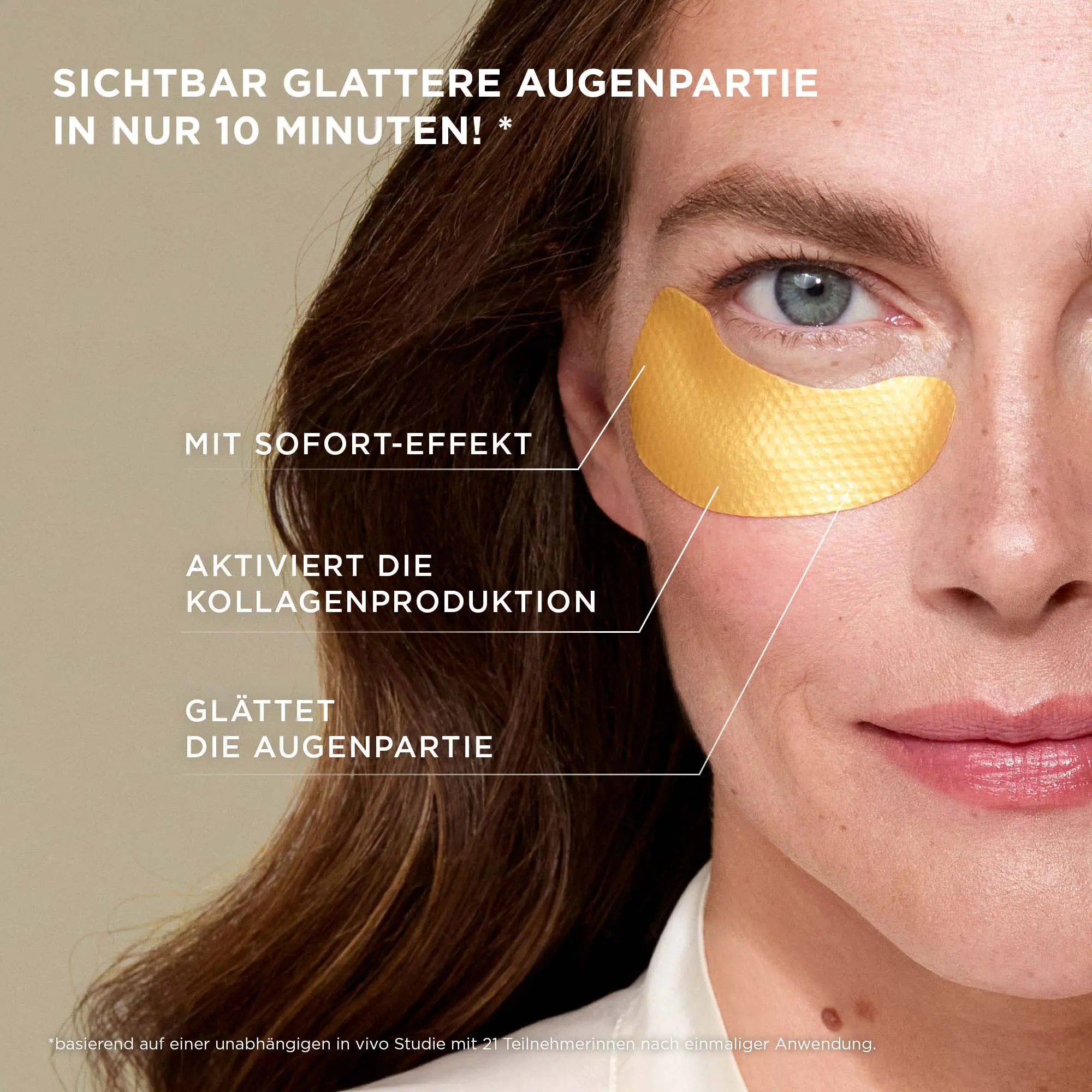 Frau mit goldenen Augenpads abgebildet, Sofort-Effekt und aktiviert die Kollagenproduktion