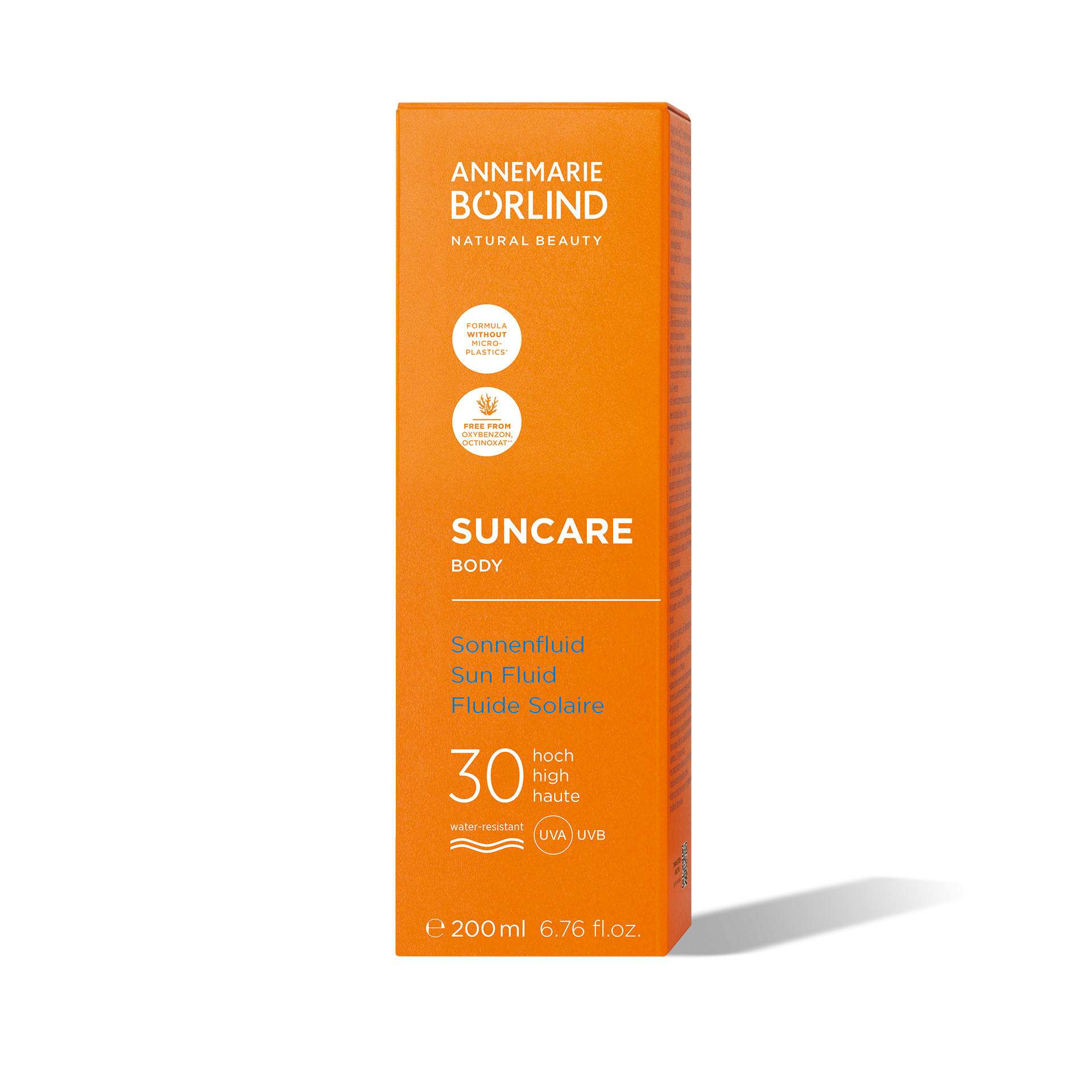 ANNEMARIE BÖRLIND Suncare Body Sonnenfluid LSF 30, wasserresistent, 200 ml Verpackung vor schwarzem Hintergrund
