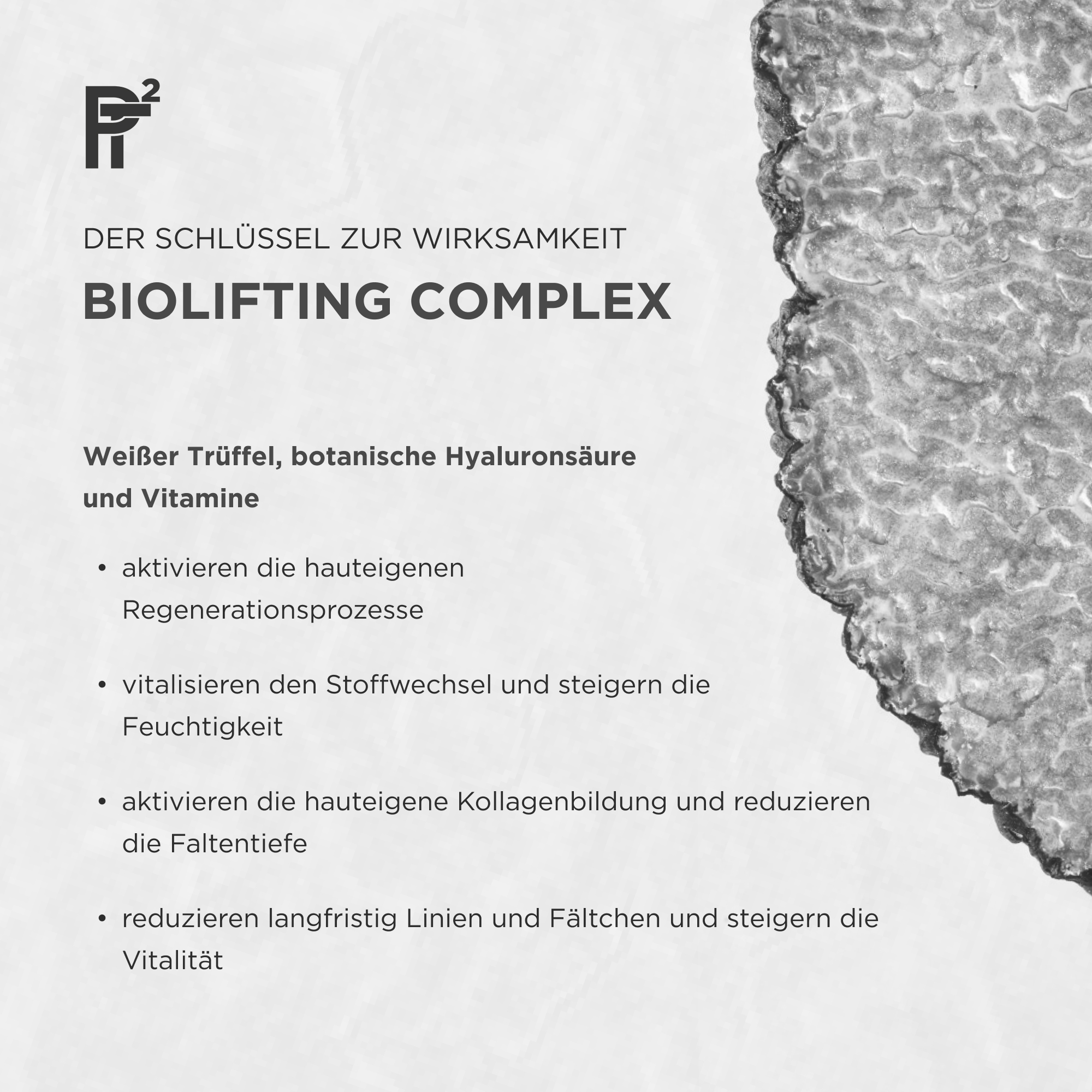 Texttafel mit Infos zum Biolifting Complex, weißer Trüffel, Hyaluronsäure und Vitamine, Wirkungsbeschreibung