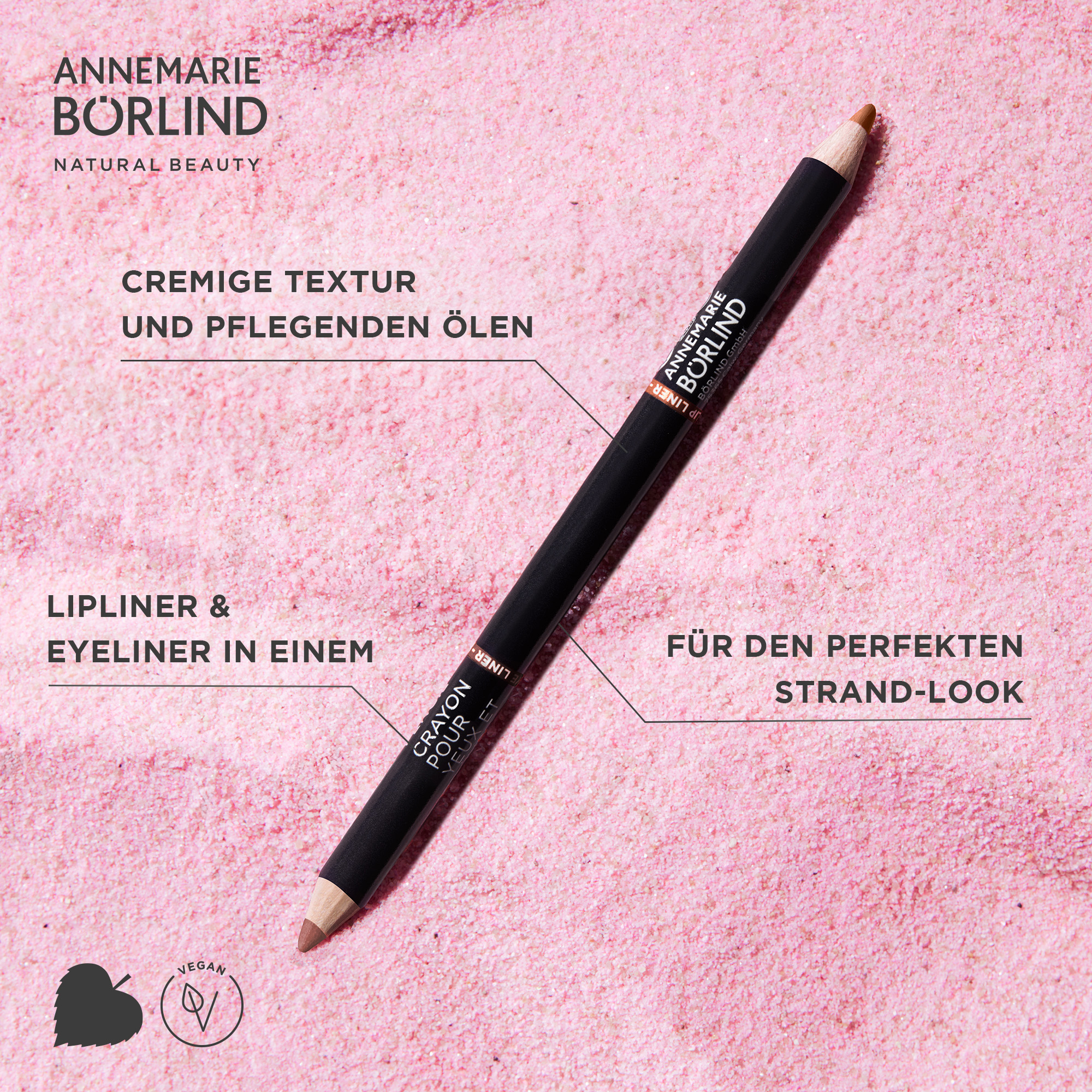 ANNEMARIE BÖRLIND 2in1 Lipliner & Eyeliner mit cremiger Textur und pflegenden Ölen auf rosa Sandhintergrund