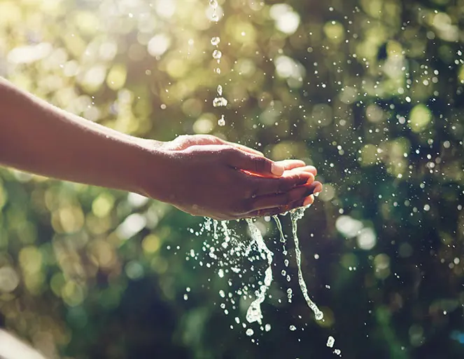 Hände fangen fallendes Wasser im Sonnenlicht, unscharfer grüner Hintergrund mit Lichtreflexen