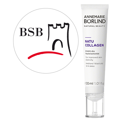 ANNEMARIE BÖRLIND NATU COLLAGEN Boost Fluid zur Erhöhung der Hautelastizität, 30 ml Tube neben BSB-Logo