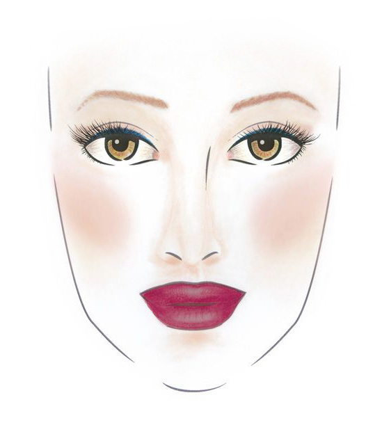 Gesicht mit intensiv mattem Make-up, braune Augen, betonte Wimpern, dunkler Lippenstift und dezentes Rouge
