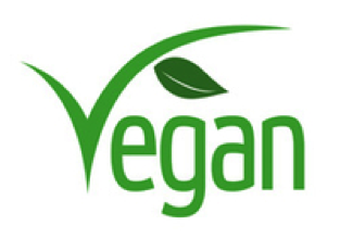 Grünes Vegan-Logo mit stilisiertem Haken und Blatt über dem Schriftzug "Vegan