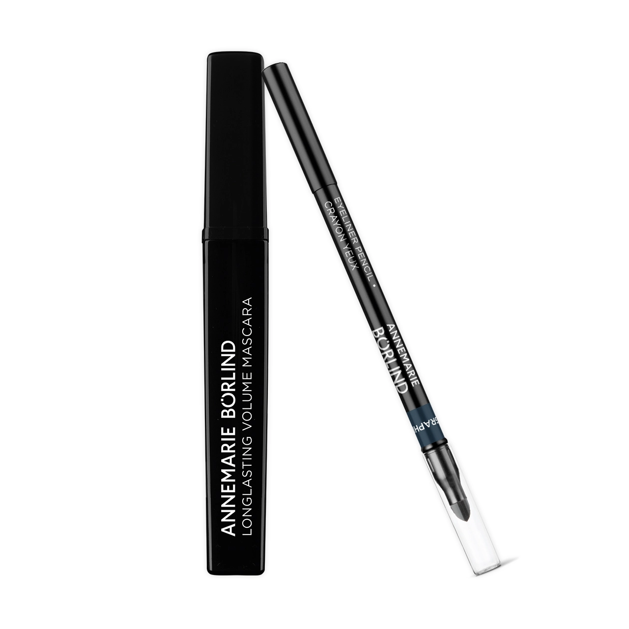 ANNEMARIE BÖRLIND Longlasting Volume Mascara und Eyeliner Pencil in Graphit – für definierte Wimpern und sanfte Lidstriche, ideal für das Augen-Make-up bei blauen Augen.