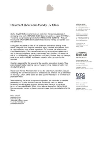 Statement zu korallenfreundlichen UV-Filtern von ANNEMARIE BÖRLIND und DADO SENS ohne schädliche Chemikalien