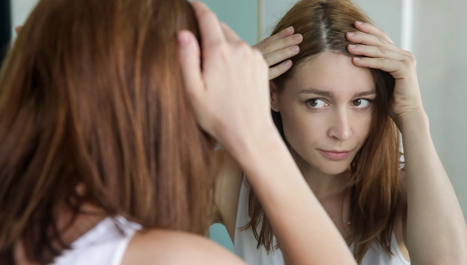 Frau betrachtet sich im Spiegel und überprüft ihre Kopfhaut auf mögliche Anzeichen von Trockenheit oder Irritationen.