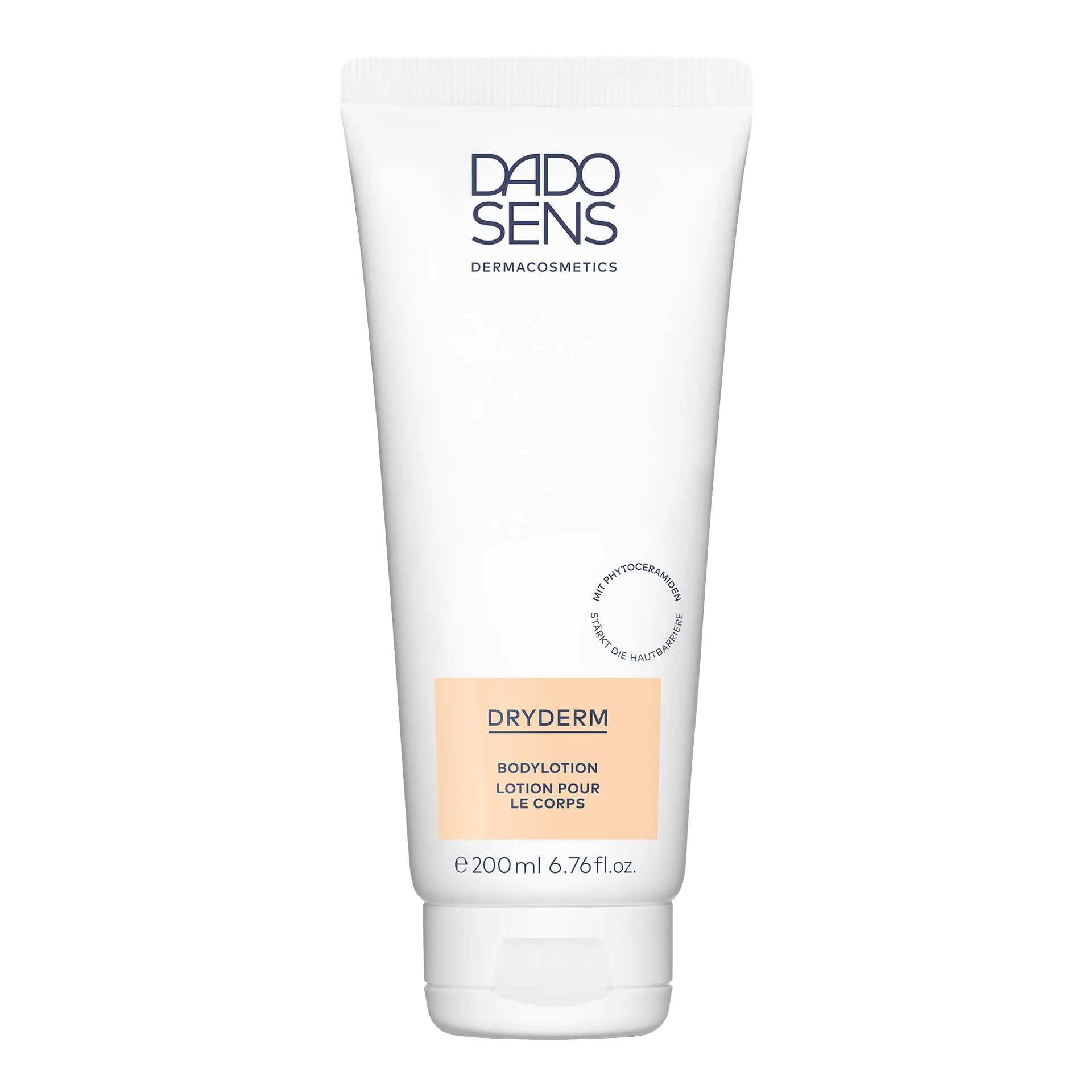 LOTION POUR LE CORPS DADO SENS DRYDERM Bodylotion 200 ml für tägliche sanfte Körperpflege, weiße Tube mit hellorangenem Aufdruck