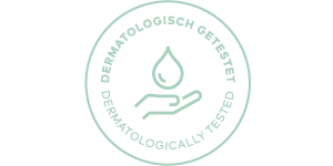 Siegel mit Hand und Wassertropfen, Text: "Dermatologisch getestet" in Deutsch und Englisch
