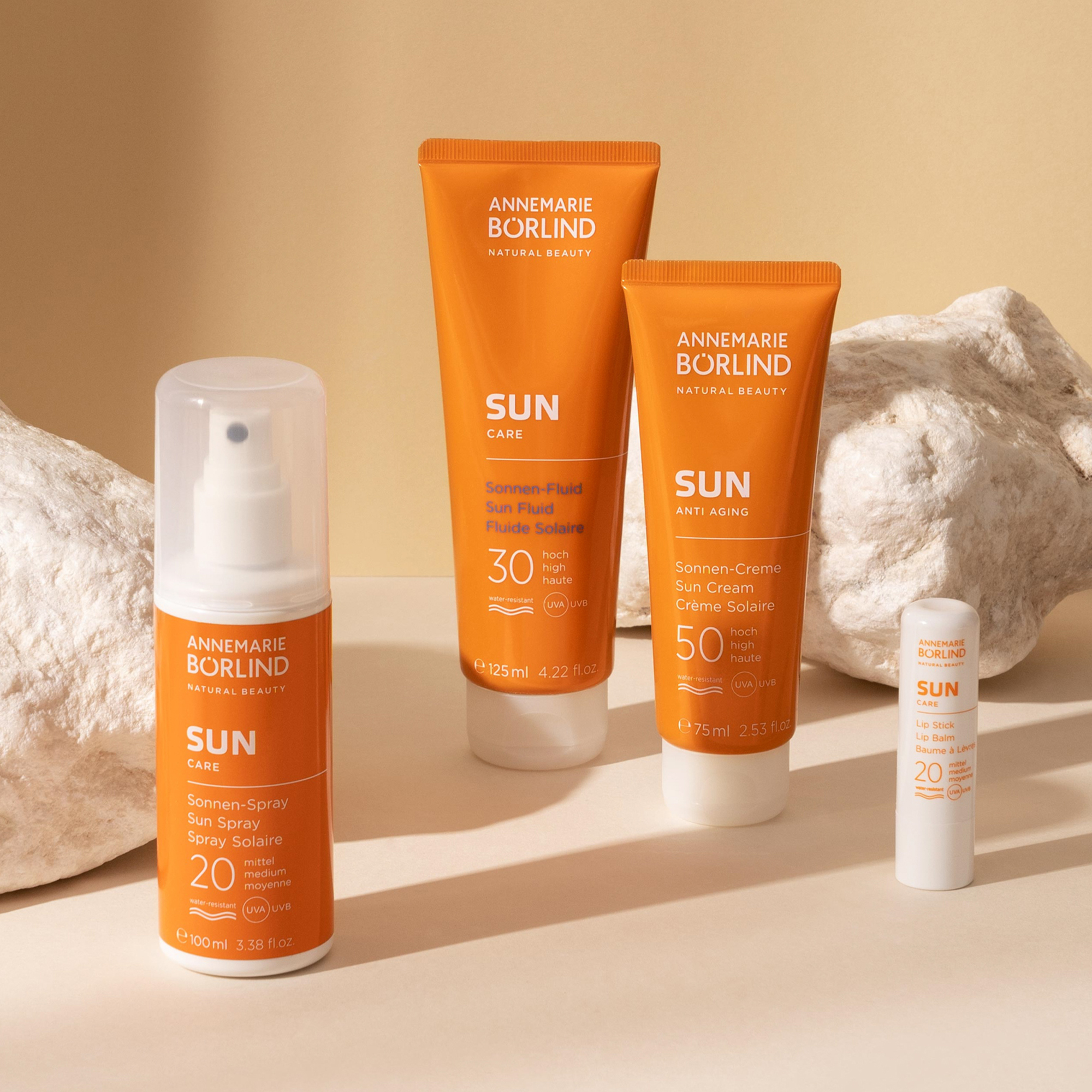 ANNEMARIE BÖRLIND SUN Sonnen-Spray LSF 20, Sonnen-Fluid LSF 30, Sonnen-Creme LSF 50, Lippenbalsam LSF 20