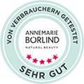 Testsiegel "Sehr gut" von ANNEMARIE BÖRLIND für Produkttest, rundes Label mit roten Sternen