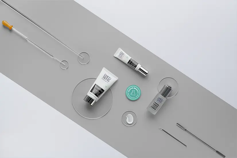DADO SENS Regenerationspflege mit Creme, Serum und Augenpflege auf grauem Hintergrund mit Laborwerkzeugen