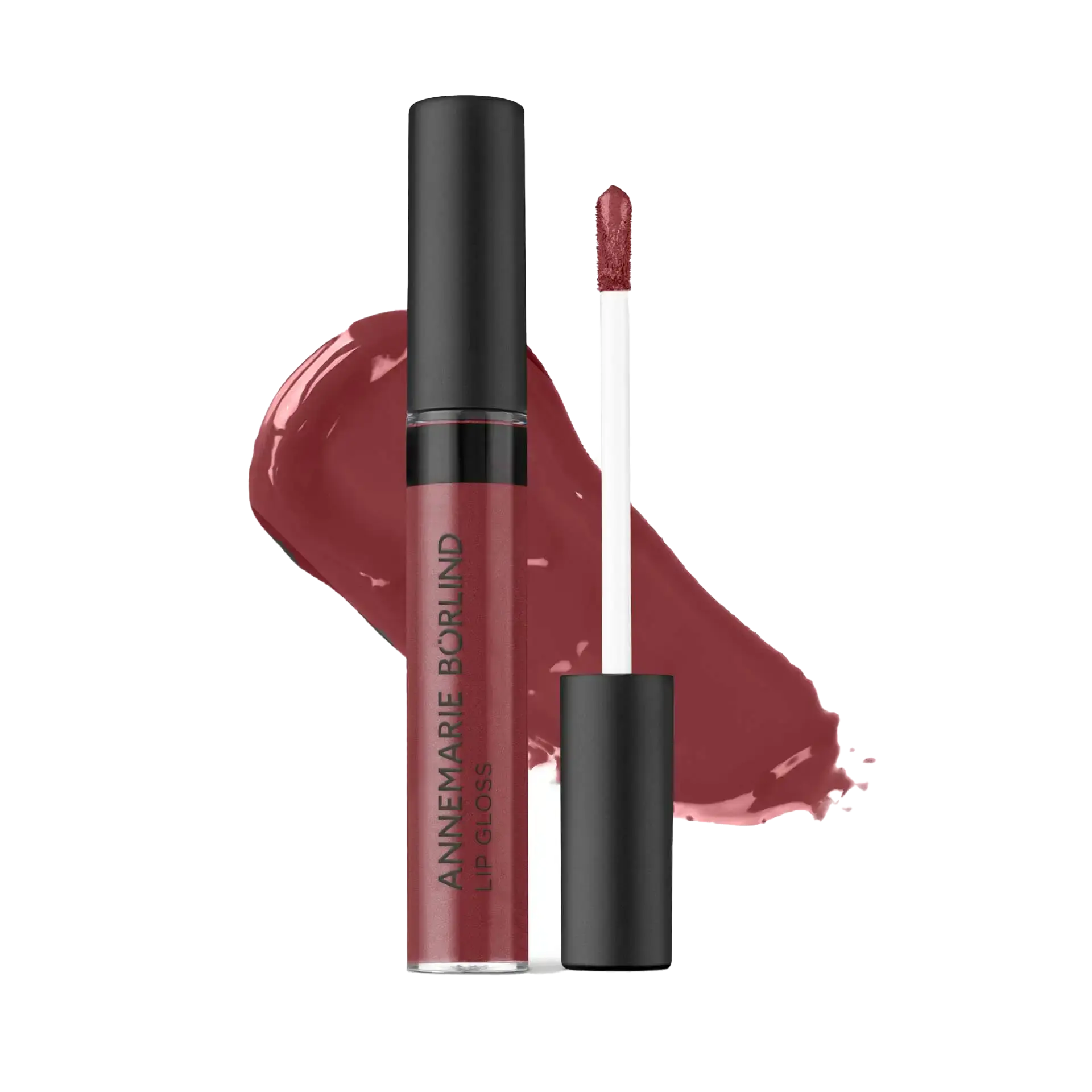 BRILLANT À LÈVRES DARK BRONZE ANNEMARIE BÖRLIND Lip Gloss in dunklem Bronze mit Applikator und Farbklecks im Hintergrund