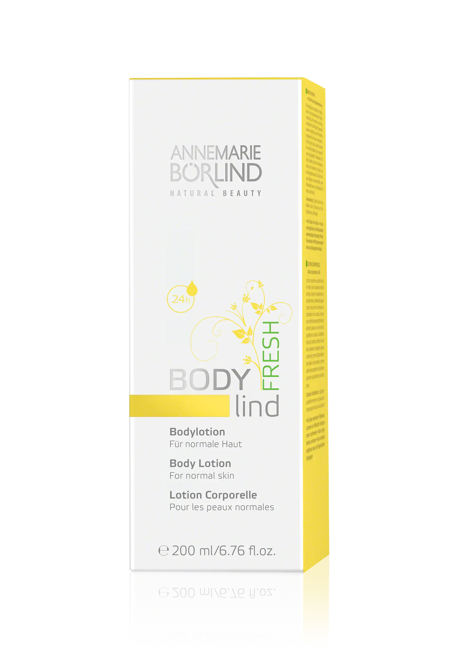 ANNEMARIE BÖRLIND BODY lind FRESH Bodylotion für normale Haut, 200 ml, weiße Verpackung mit gelben Akzenten