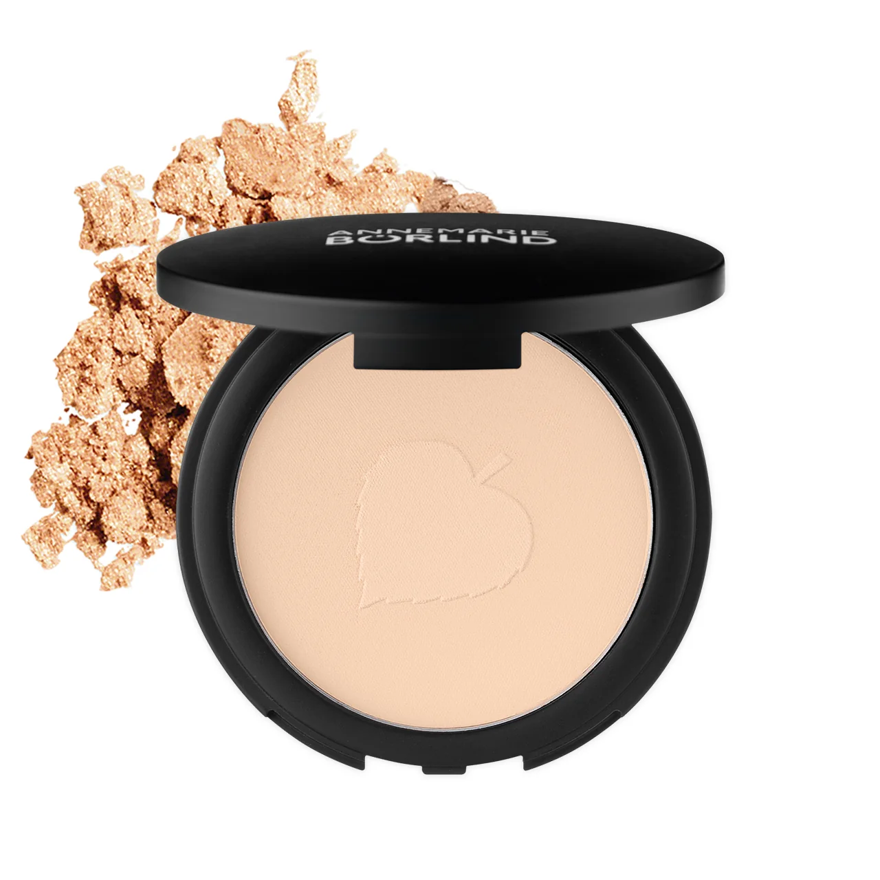 No-Make-up-Look ANNEMARIE BÖRLIND Kompaktpuder in hellem Beige mit geprägtem Blattmotiv und losem Puder im Hintergrund
