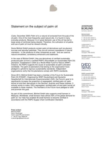 Statement zu Palmöl von ANNEMARIE BÖRLIND und DADO SENS mit Informationen zu nachhaltiger Produktion und Zertifizierung