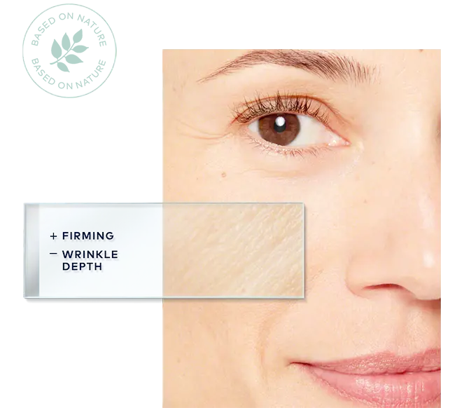 Nahaufnahme eines Gesichts mit Fokus auf Hauttextur und Text zu straffender Wirkung und verminderter Faltentiefe