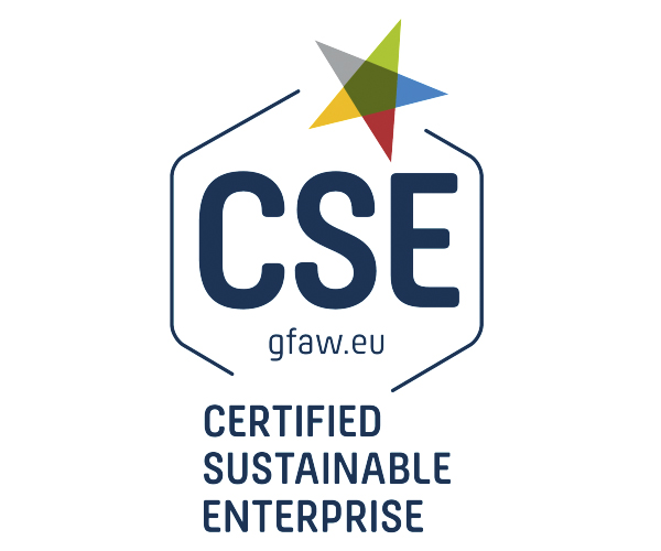 Logo mit fünffarbigem Stern und Text "CSE certified sustainable enterprise" sowie Website "gfaw.eu" auf weißem Hintergrund