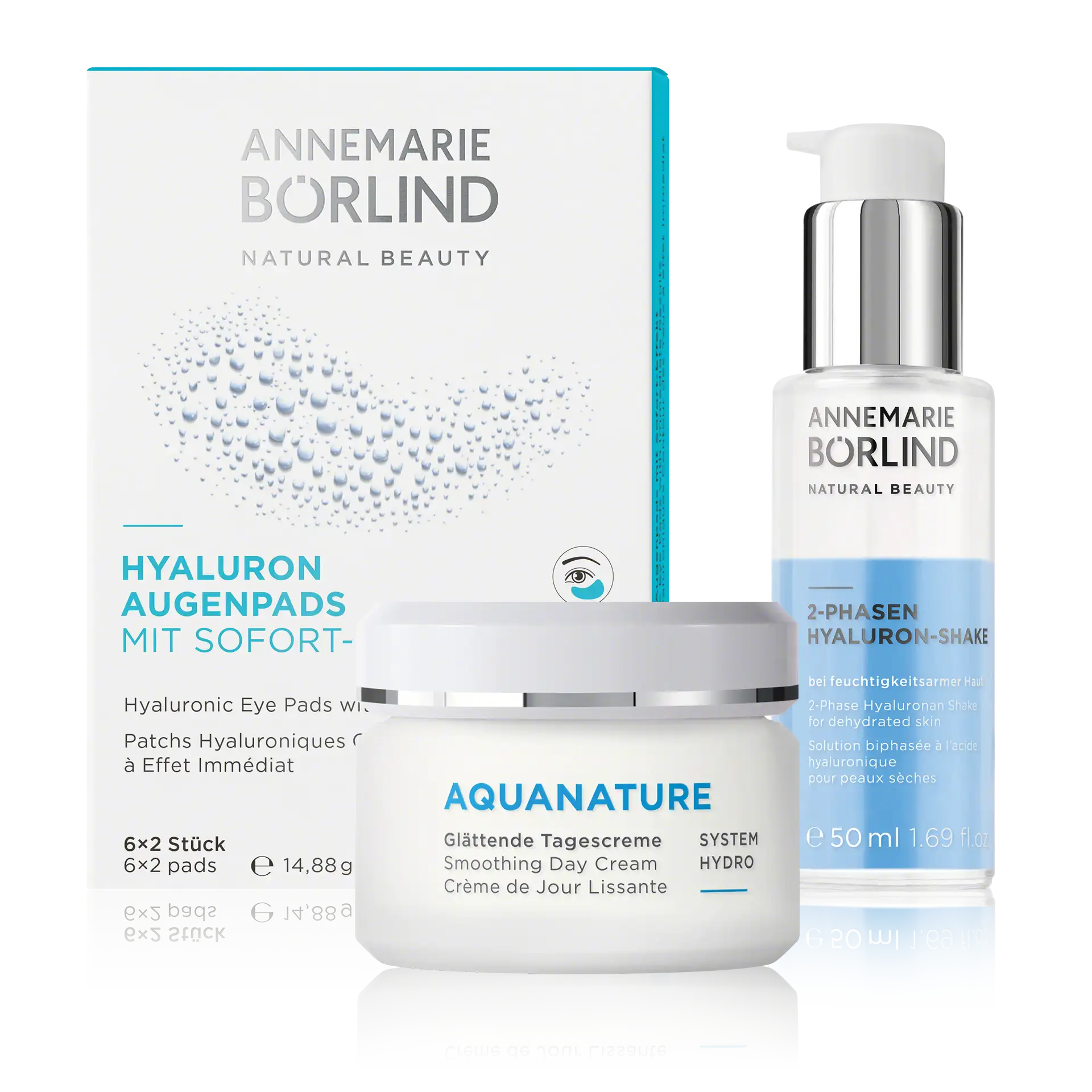 Kit hyaluron ANNEMARIE BÖRLIND Hyaluron Augenpads, AQUANATURE glättende Tagescreme und 2-Phasen Hyaluron-Shake