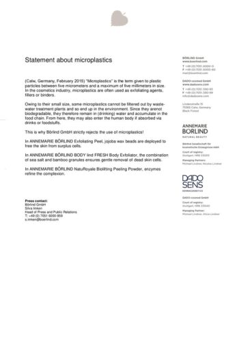 Text mit Informationen zu Mikroplastik und Verzicht darauf in ANNEMARIE BÖRLIND und DADO SENS Produkten, Firmenkontaktangaben