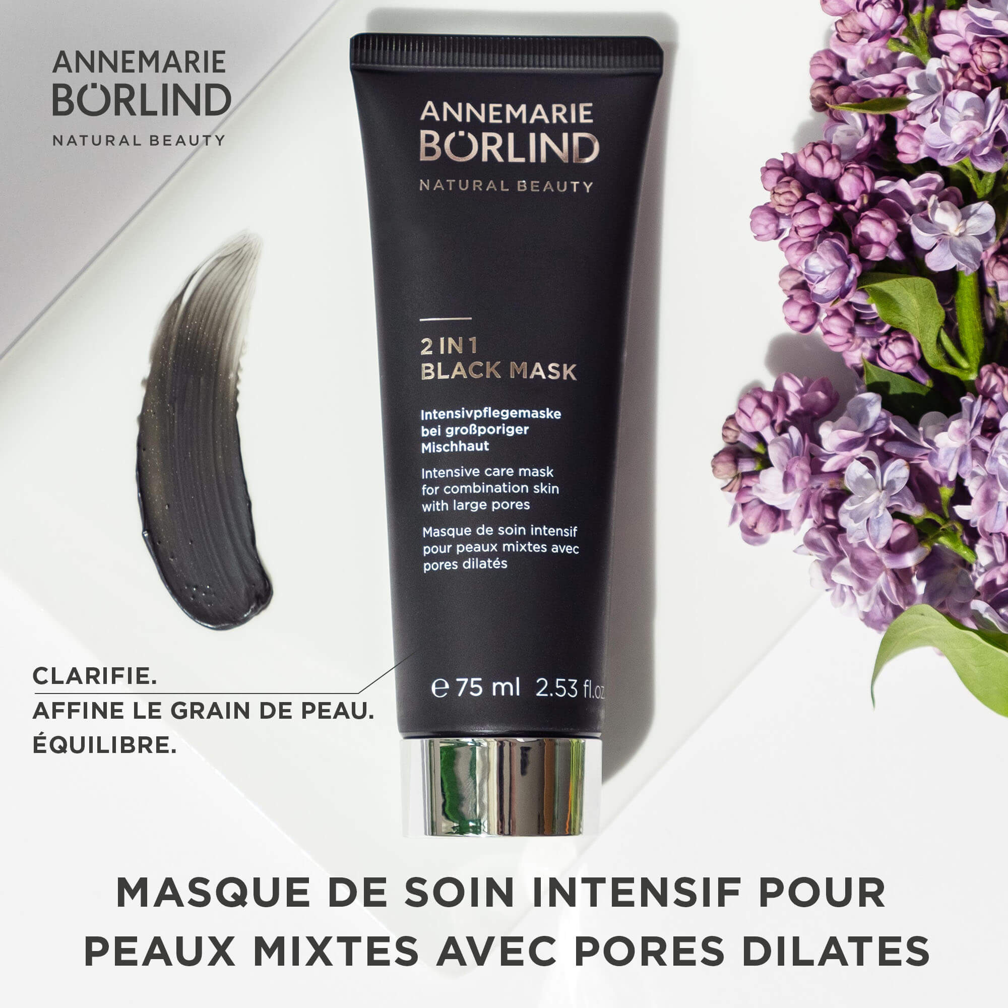ANNEMARIE BÖRLIND 2 IN 1 BLACK MASK Intensivpflegemaske für großporige Mischhaut, 75 ml Tube neben schwarzer Maske und lil...