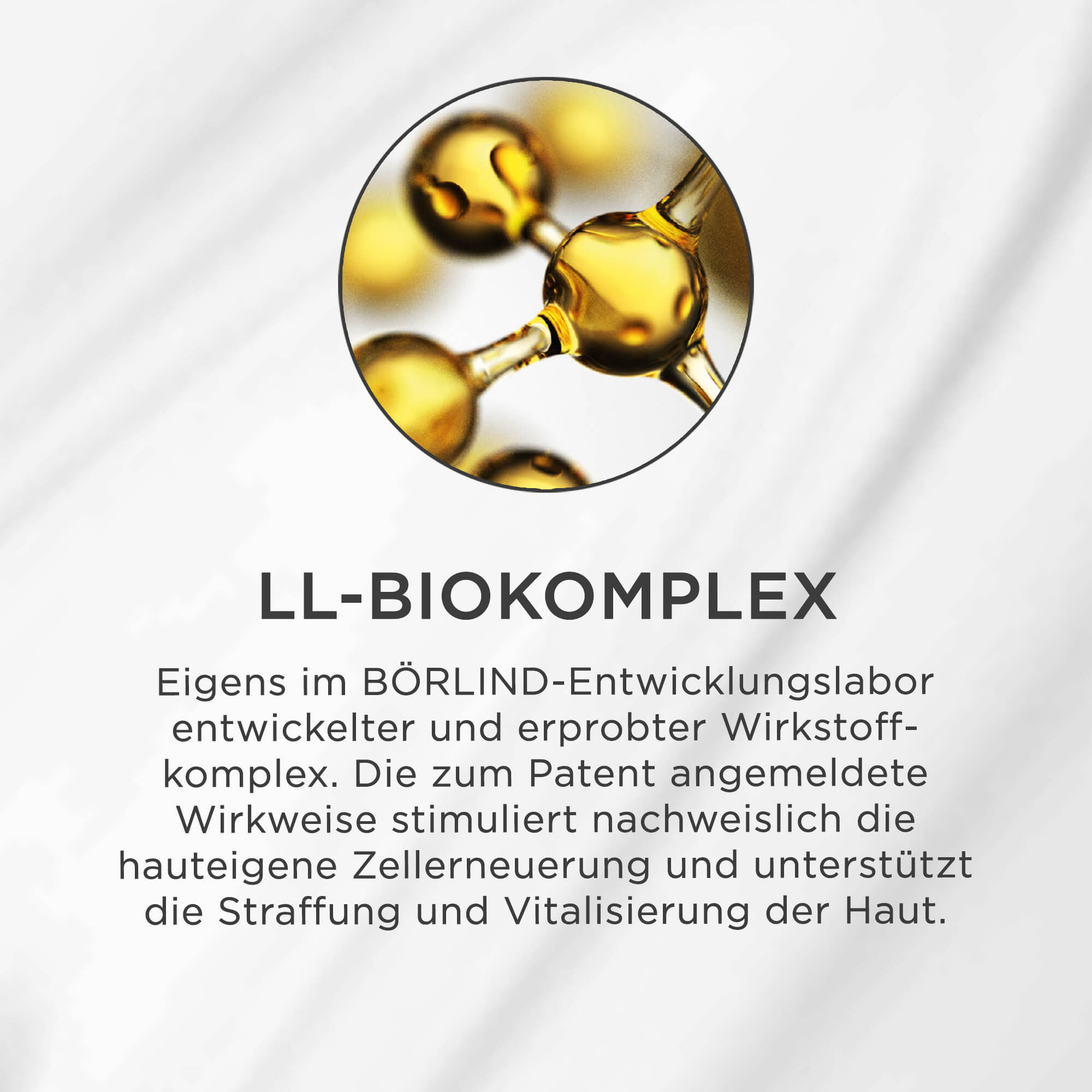 Goldene Molekülstruktur in Kreis auf weißem Hintergrund mit Text zu LL-BIOKOMPLEX Wirkstoffkomplex