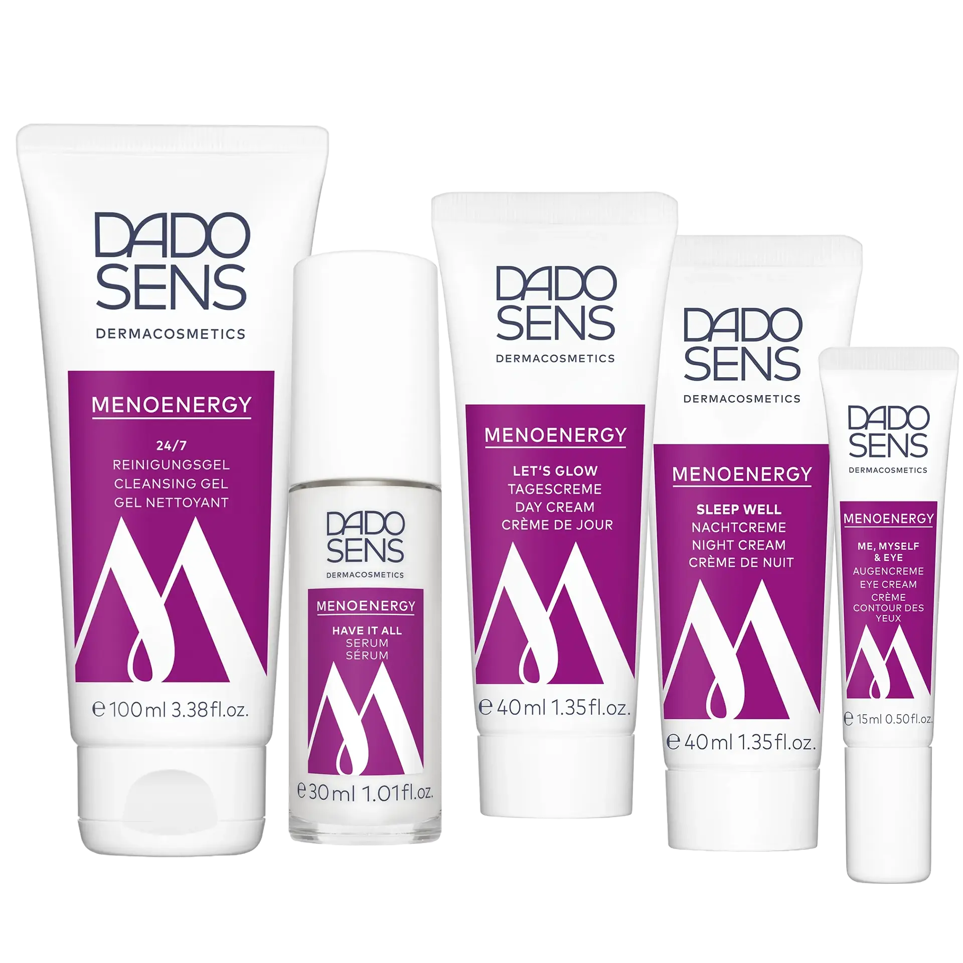 DADO SENS MENOENERGY Pflegeset mit Reinigungs-Gel, Tagescreme, Serum und Augencreme, Nachtcreme in verschiedenen Größen