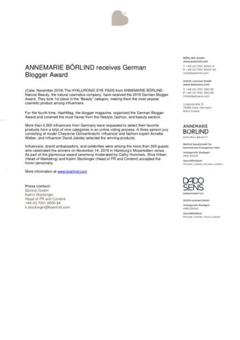 Textseite mit Informationen zur Auszeichnung von ANNEMARIE BÖRLIND mit dem German Blogger Award 2019 für HYALURONIC EYE PADS