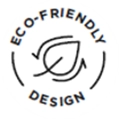 Nachhaltigkeitslogo mit stilisiertem Blatt und Schriftzug „ECO-FRIENDLY DESIGN“ in Schwarz auf Weiß